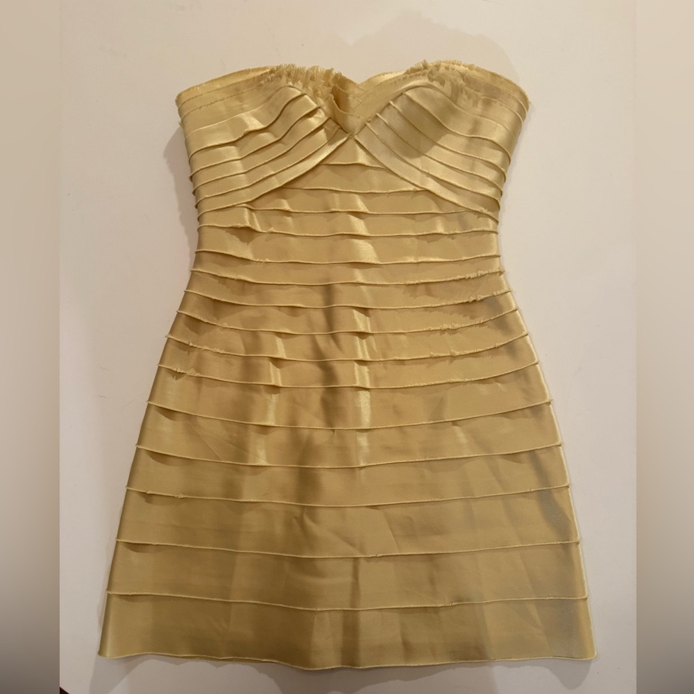 BCBGMaxAzria Strapless Pleated Satin Dress in Light Gold